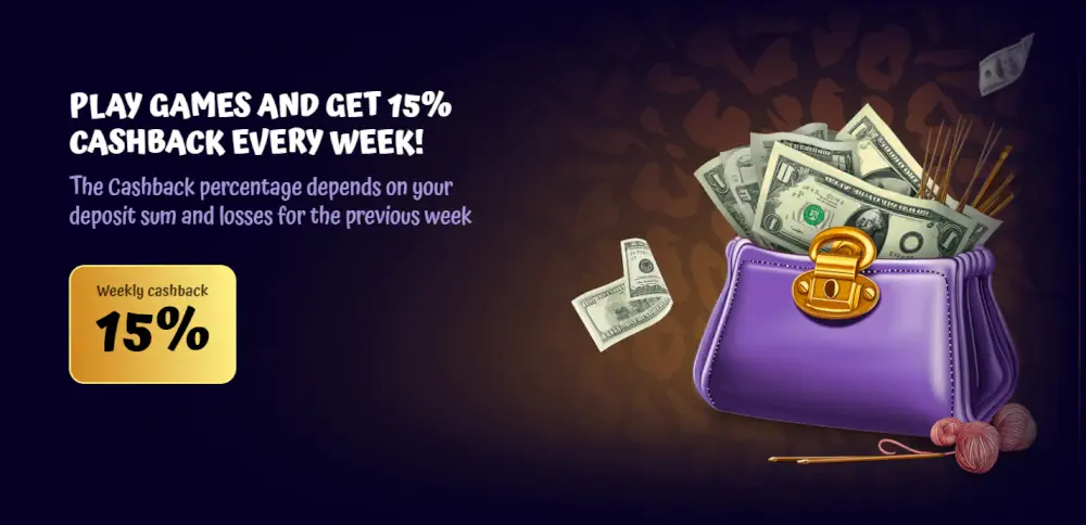Banner de promoción semanal de 15% de reembolso de Spin Granny